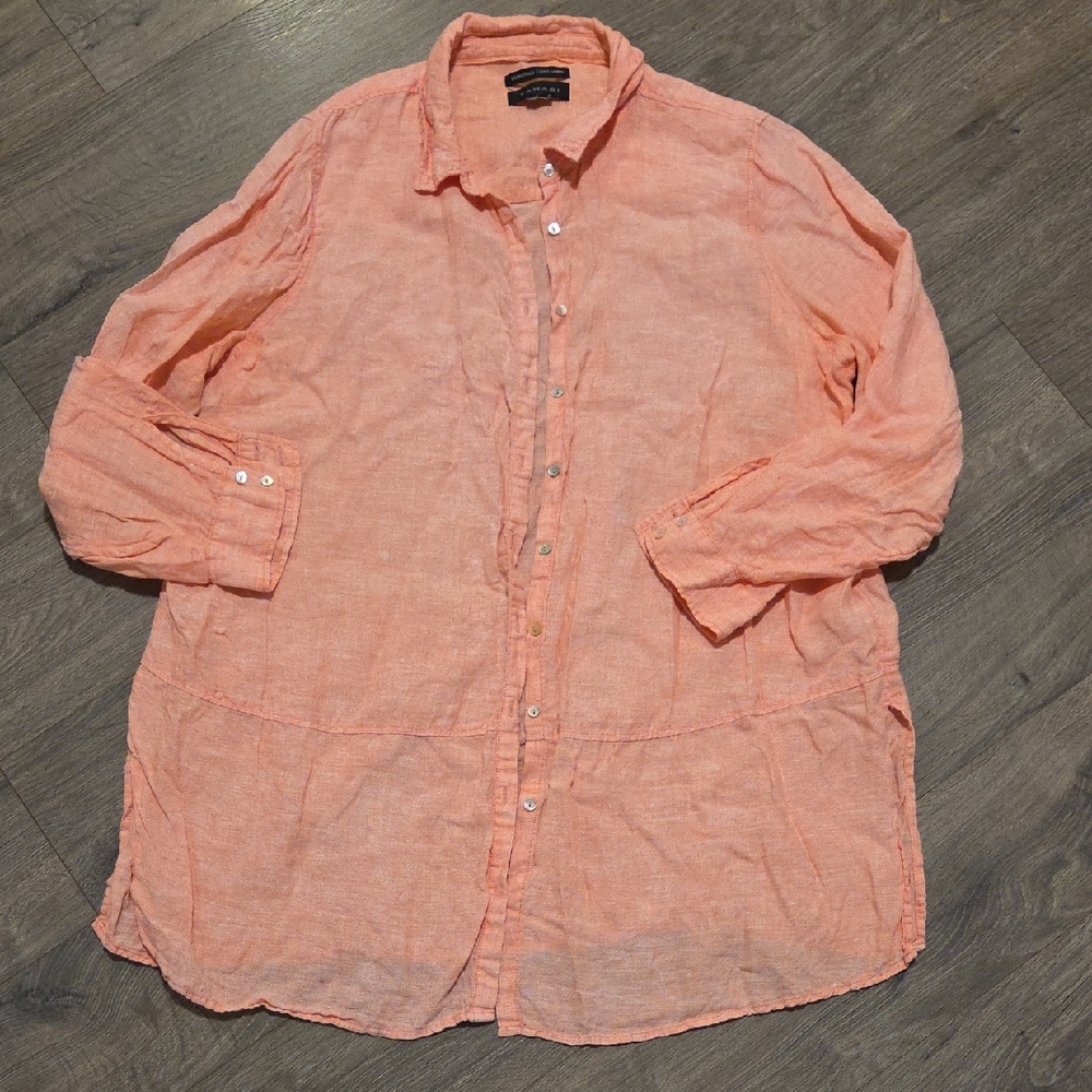 Tahari Linen Peach Button Down Tunic Top